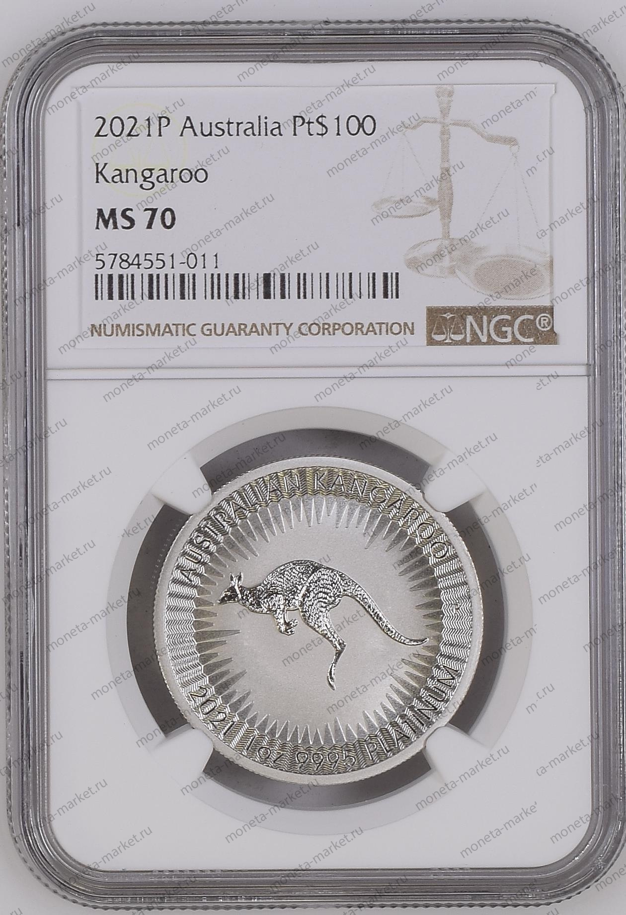 Платиновая монета Австралии "Кенгуру", 31.1 г чистой платины (2021P Australia Kangaroo Pt$100) в слабе NGC MS 70